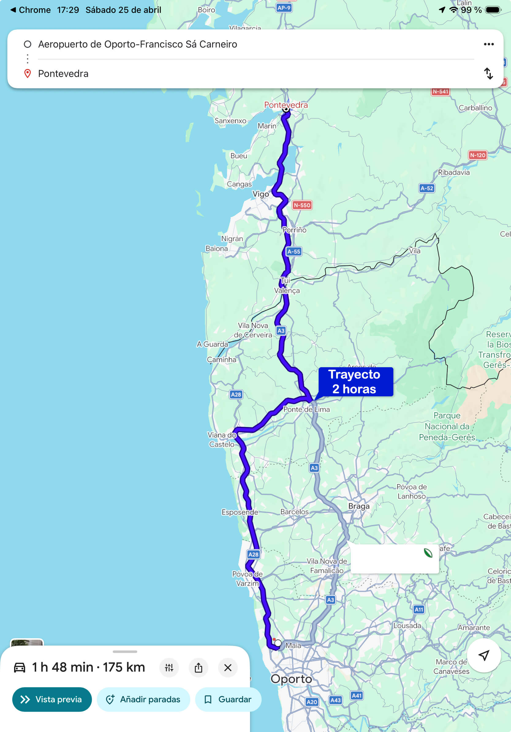 Recorrido transfer Pontevedra ciudad al Aeropuerto de Oporto por AP-9 A3 A27 A28